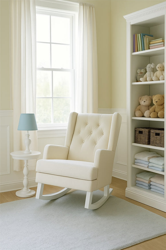 Jamestown Wingback Rocker With  Natural Canvas Fabric & Buttons Made In Canada!